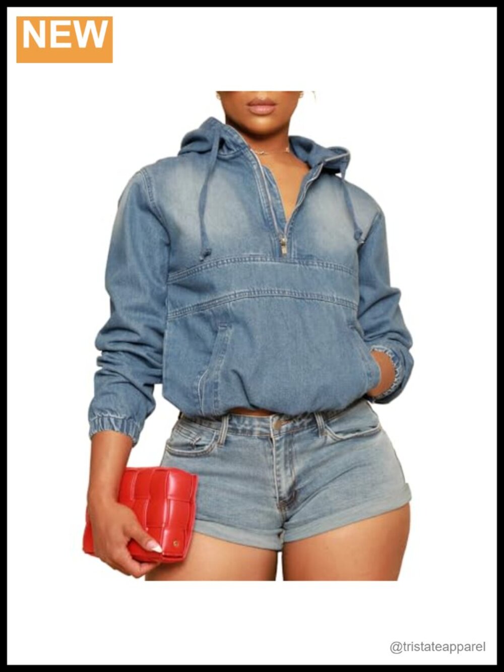 Half Zip Denim Hoodie Pullover Jacket Cotton Loose Fit Casual